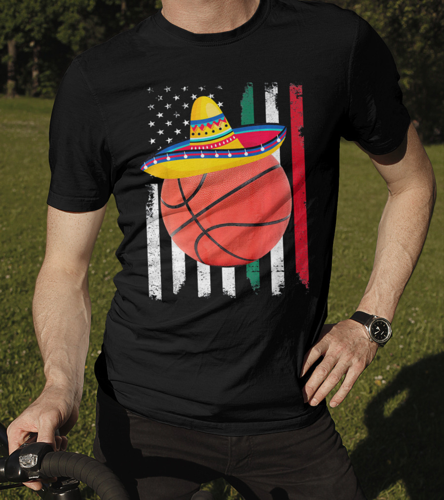 Cinco De Mayo Basketball Sombrero USA Mexico Flag T-Shirt