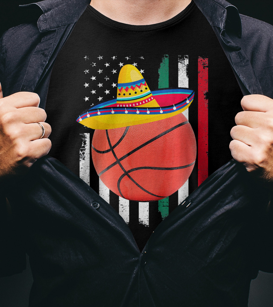 Cinco De Mayo Basketball Sombrero USA Mexico Flag T-Shirt