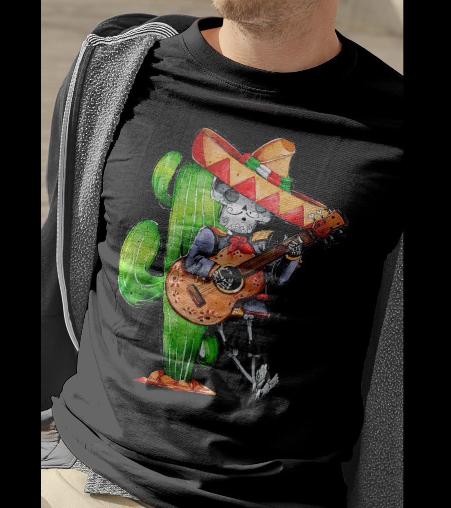 Mexican Independence Cinco De Mayo Mariachi Skeleton With Sombrero And Guitar T-Shirt