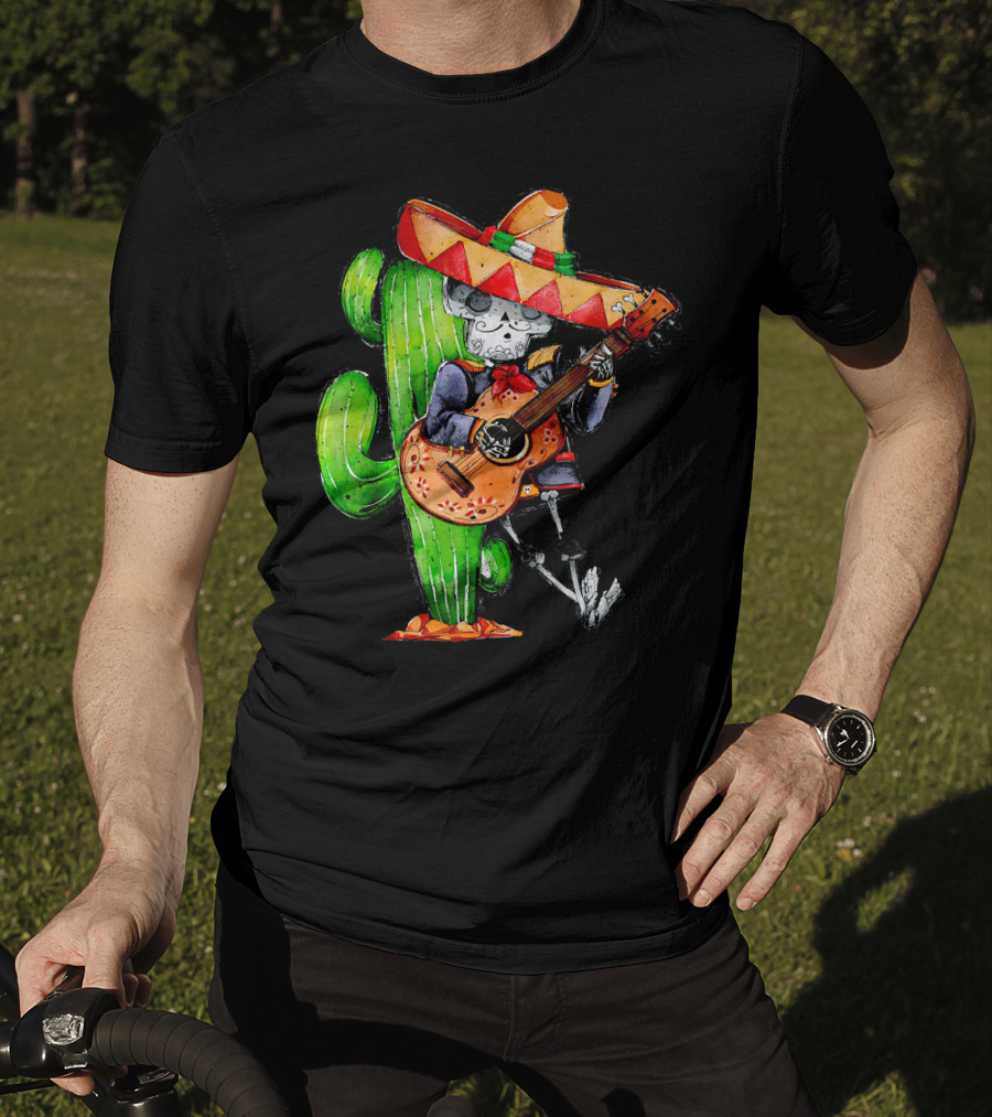 Mexican Independence Cinco De Mayo Mariachi Skeleton With Sombrero And Guitar T-Shirt