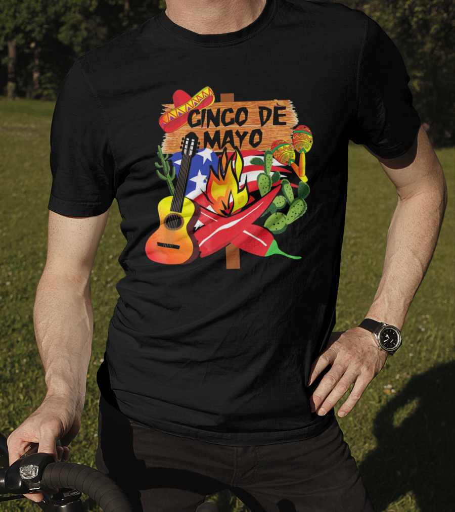 Cinco De Mayo America Loves Mexico With Sombrero Guitar Peppers Cactus And Maracas T-Shirt
