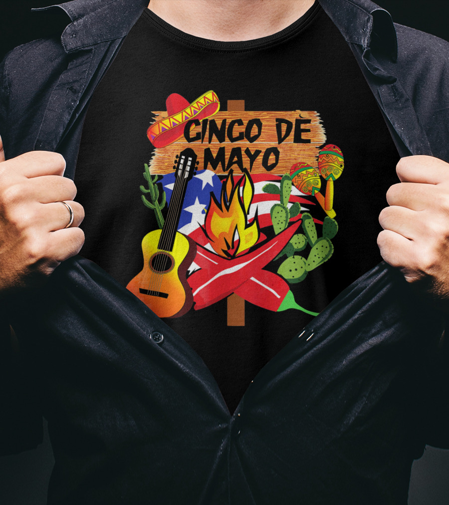 Cinco De Mayo America Loves Mexico With Sombrero Guitar Peppers Cactus And Maracas T-Shirt