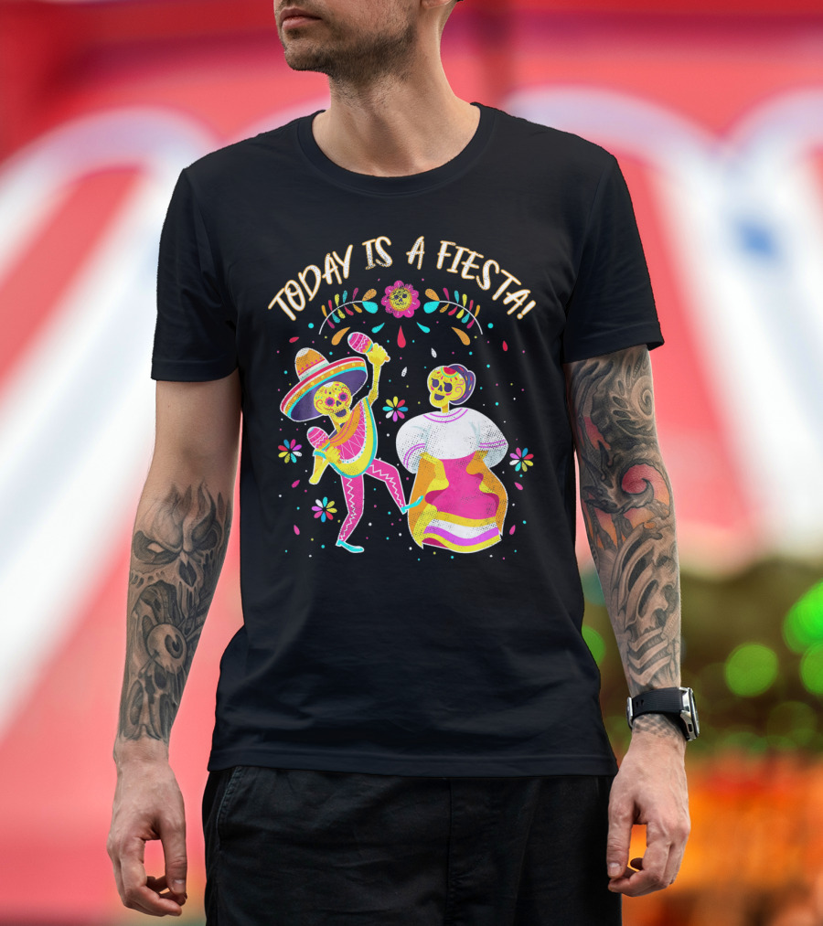Today Is A Fiesta Cute Sugar Skull Dancing Mariachi and Celebrating Skeleton T-Shirt