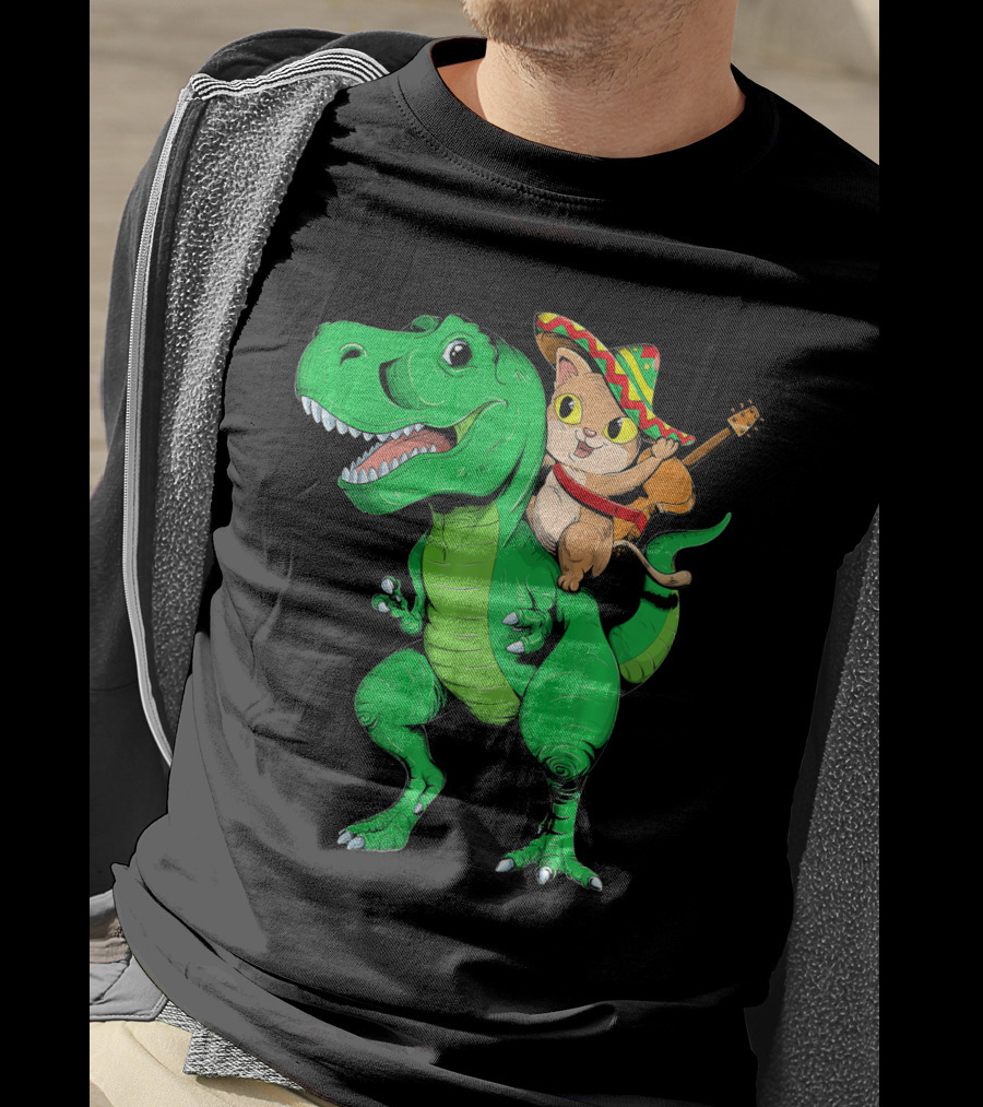 Cinco De Mayo Cat With Sombrero Riding T-Rex T-Shirt