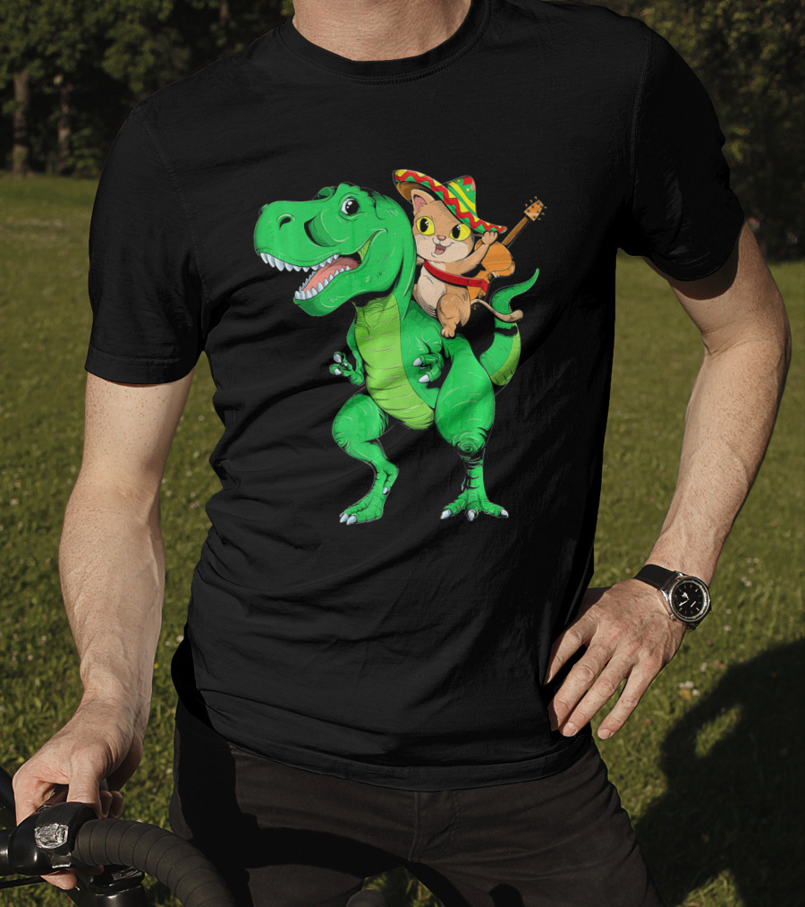 Cinco De Mayo Cat With Sombrero Riding T-Rex T-Shirt