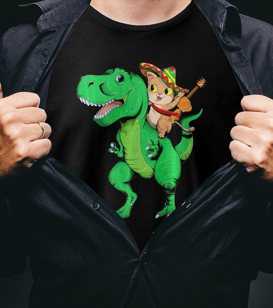 Cinco De Mayo Cat With Sombrero Riding T-Rex T-Shirt