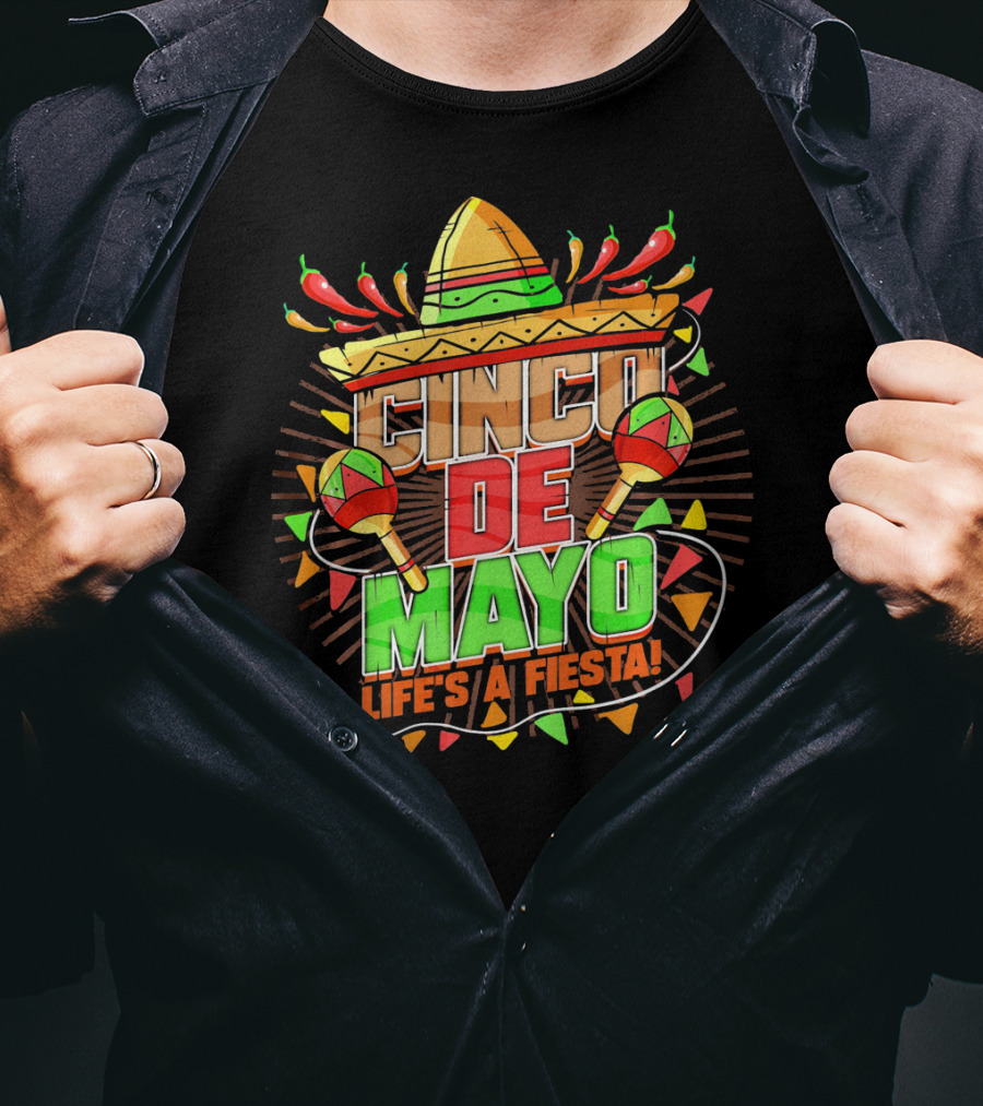 Cinco De Mayo Life's A Fiesta Sombrero Maracas Chili Peppers T-Shirt