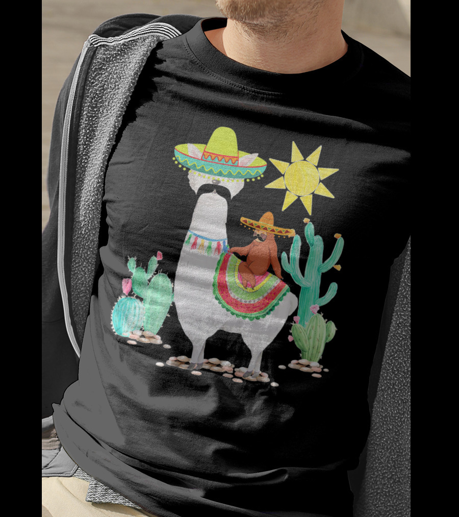 Funny Cinco De Mayo Sloth Riding Llama With Sombrero And Cactus Scene T-Shirt