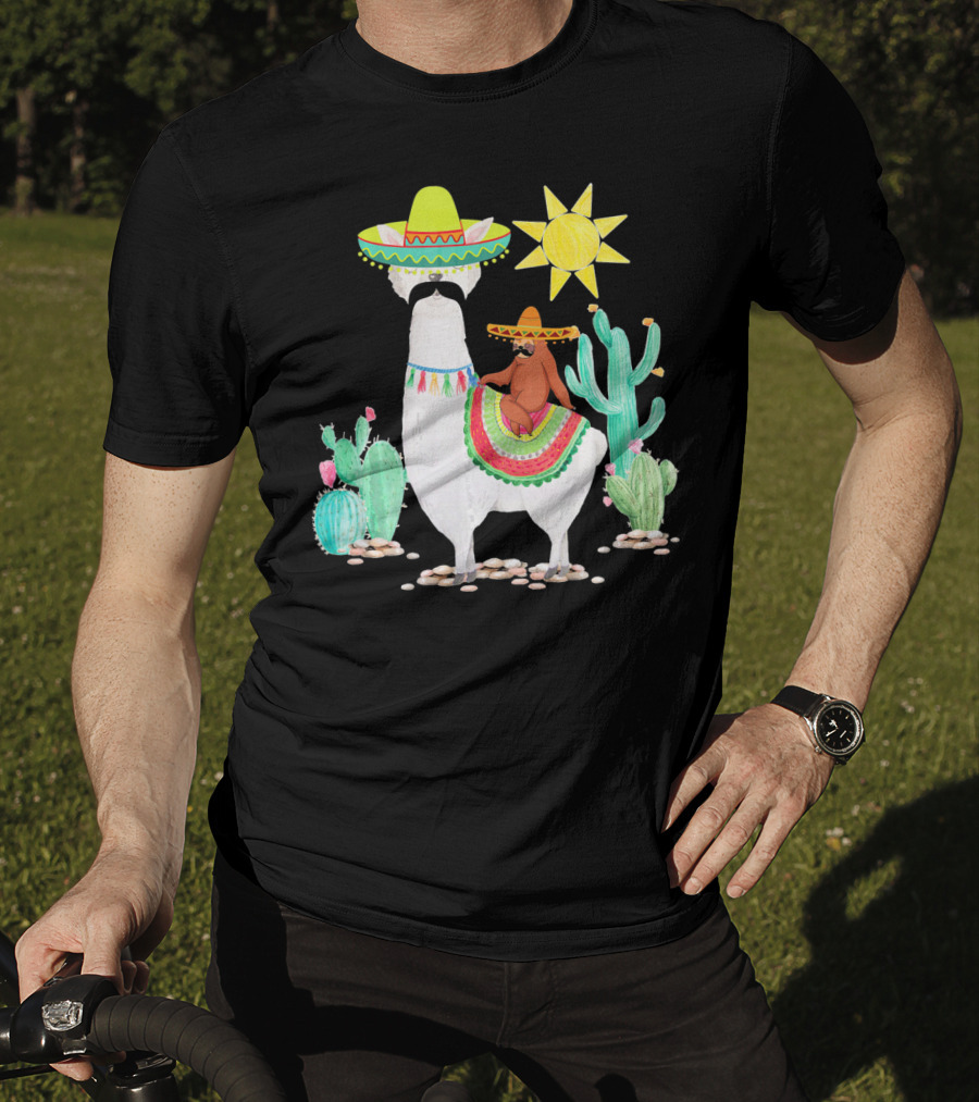 Funny Cinco De Mayo Sloth Riding Llama With Sombrero And Cactus Scene T-Shirt