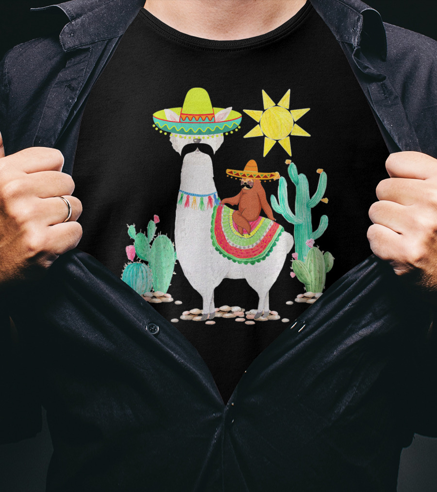 Funny Cinco De Mayo Sloth Riding Llama With Sombrero And Cactus Scene T-Shirt