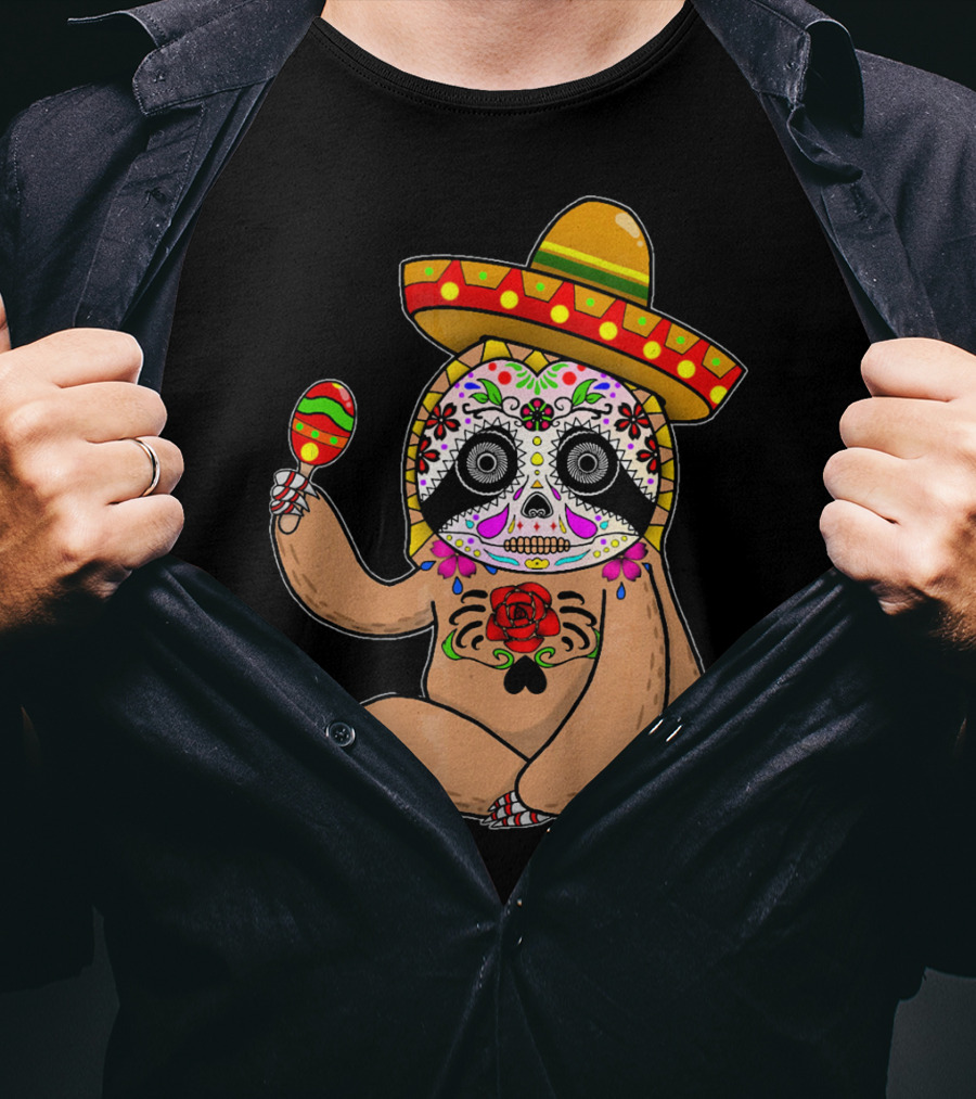 Cinco De Mayo Sloth Day Of The Dead Sombrero Maracas T-Shirt