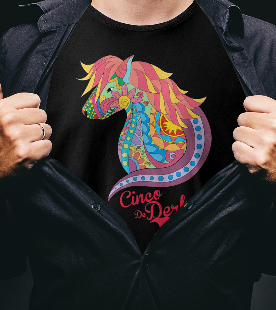 Cinco De Derby Colorful Horse Motif T-Shirt