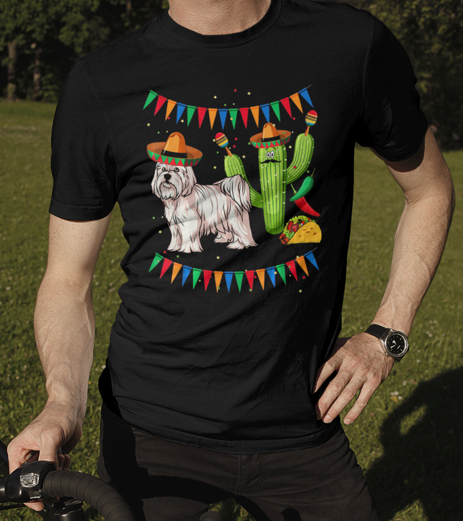 Maltese Dog Sombrero Mexico Cinco De Mayo Cactus Taco Fiesta T-Shirt