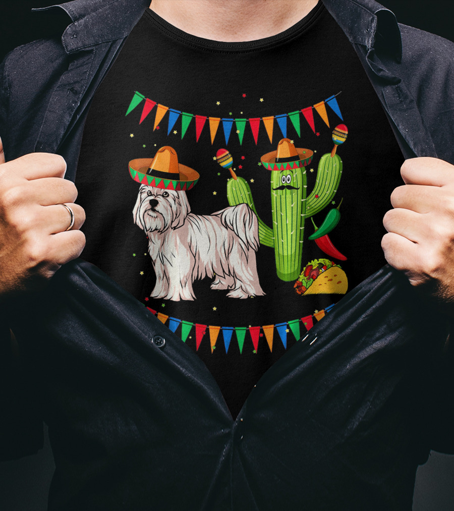 Maltese Dog Sombrero Mexico Cinco De Mayo Cactus Taco Fiesta T-Shirt