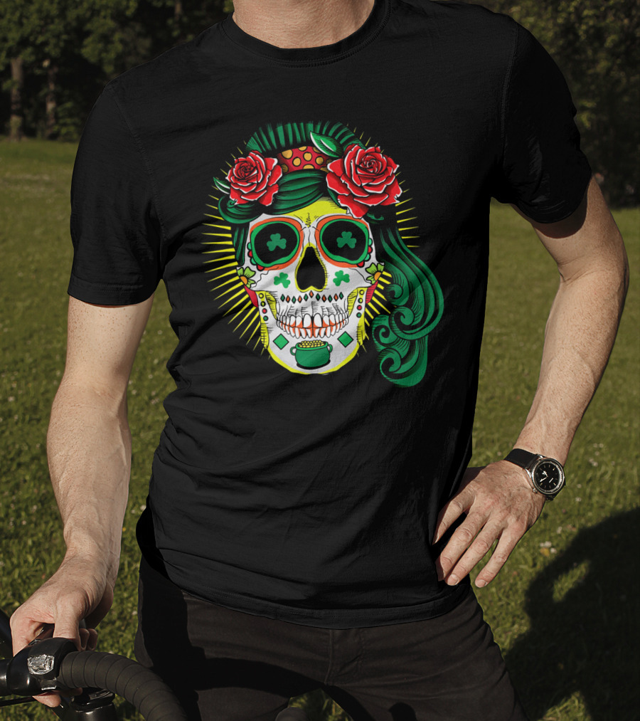 Cinco De Mayo St Patricks Day Shamrock Skull Roses T-Shirt