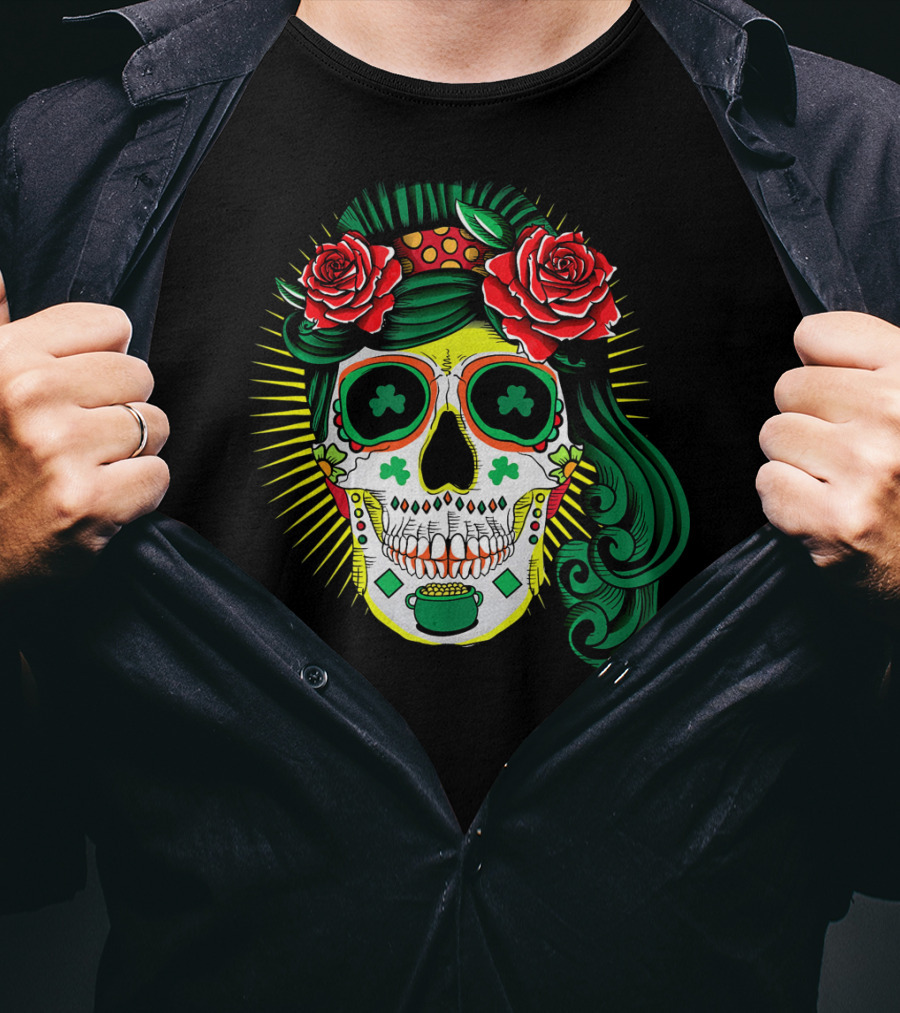 Cinco De Mayo St Patricks Day Shamrock Skull Roses T-Shirt