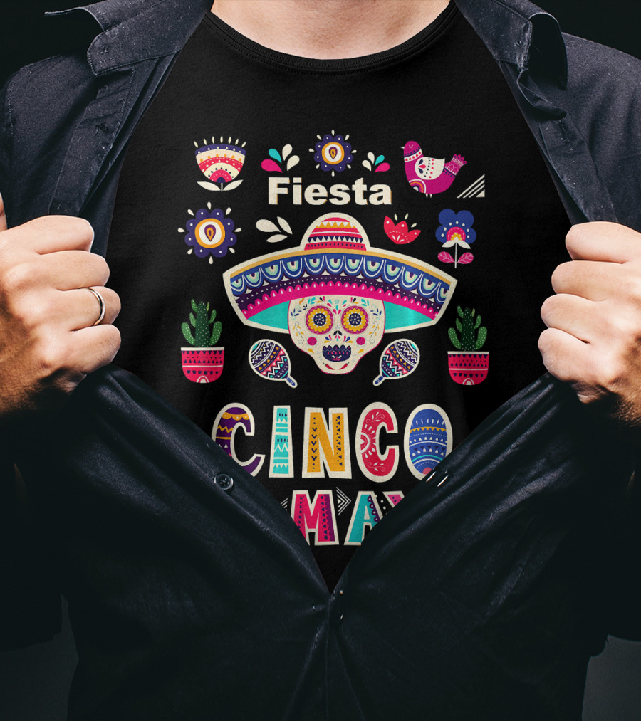 Fiesta Cinco De Mayo Mexico Sugar Skull Sombrero And Floral Elements T-Shirt