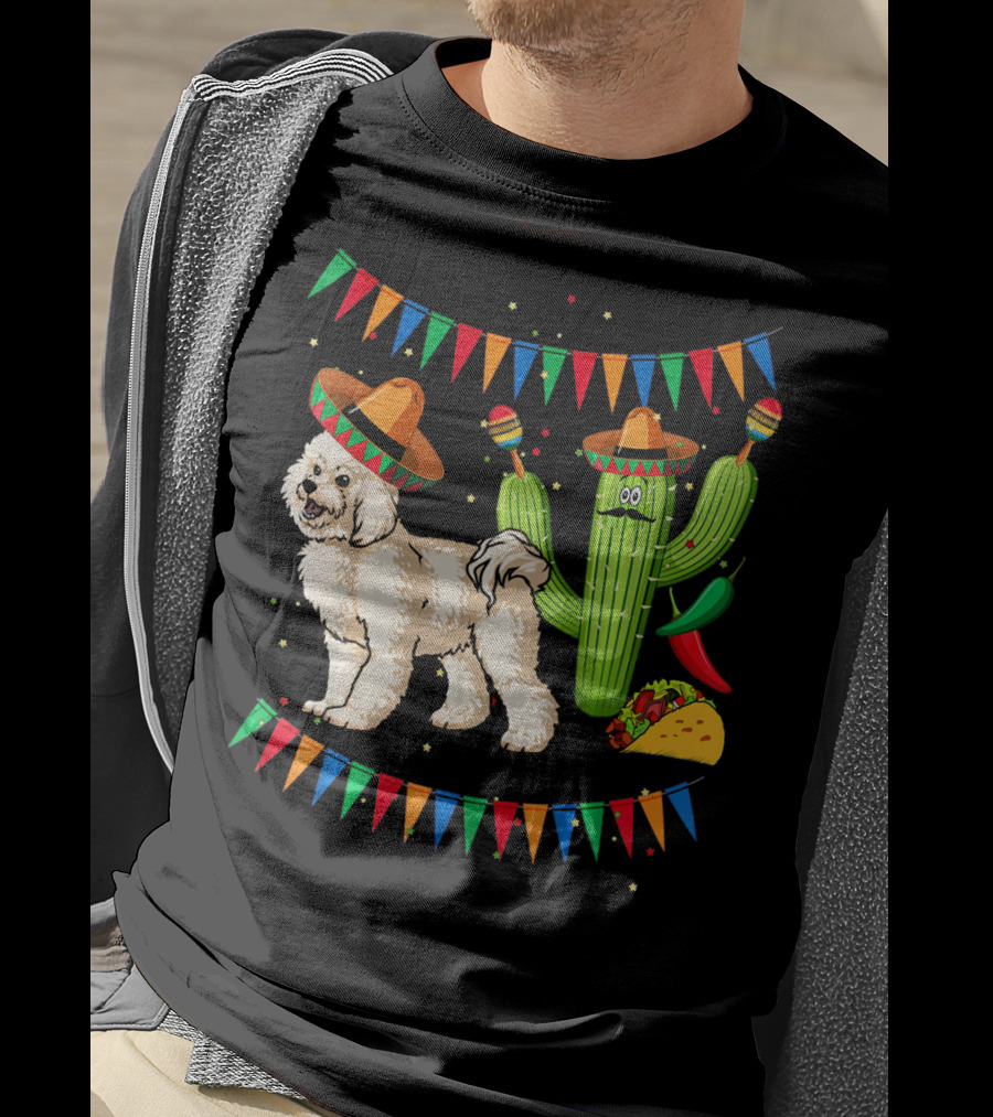 Sombrero Bichon Frise Dog And Cactus With Maracas Mexico Cinco Fiesta T-Shirt