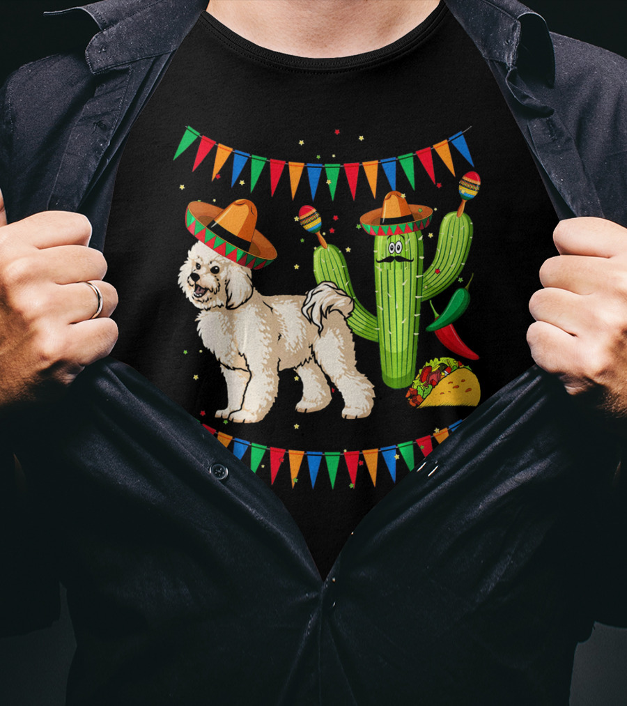 Sombrero Bichon Frise Dog And Cactus With Maracas Mexico Cinco Fiesta T-Shirt