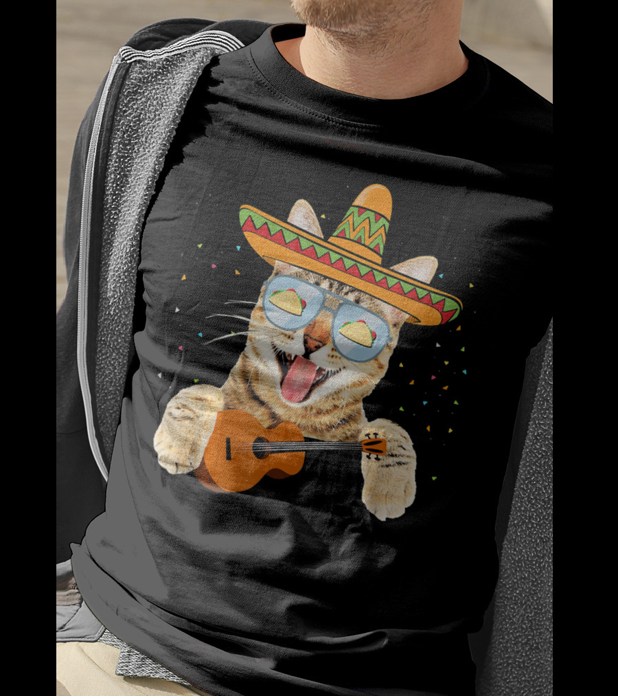 Cinco De Mayo Cat With Sombrero And Guitar T-Shirt