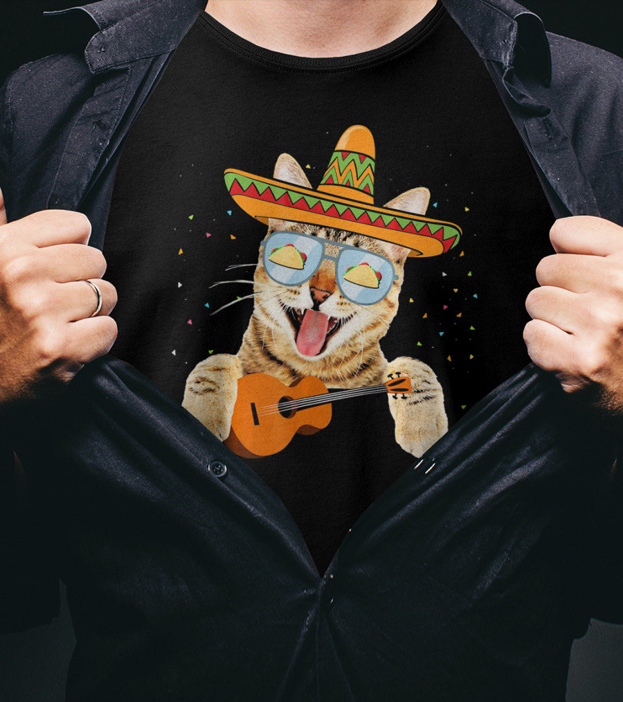 Cinco De Mayo Cat With Sombrero And Guitar T-Shirt