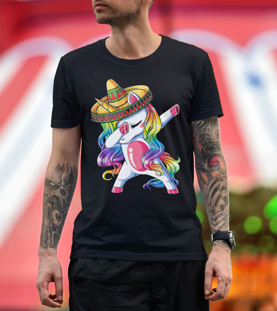 Dabbing Rainbow Unicorn with Sombrero Funny Cinco de Mayo T-Shirt