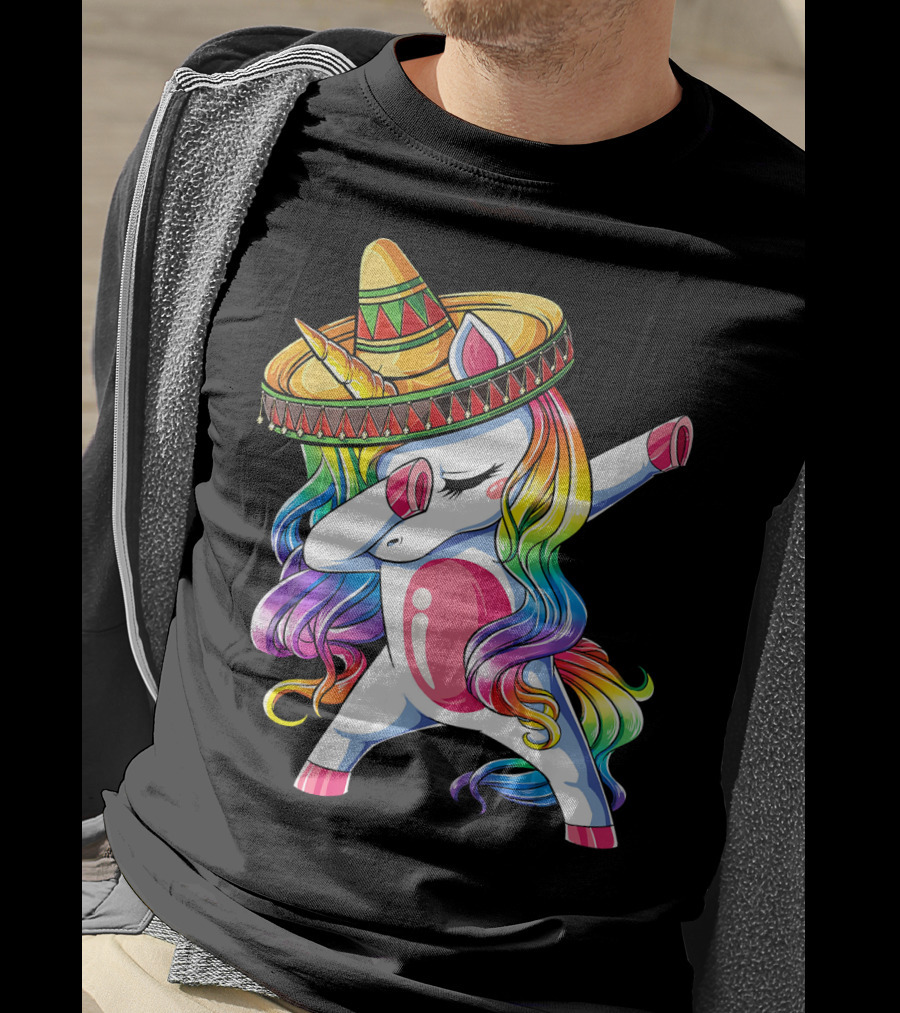 Dabbing Rainbow Unicorn With Sombrero Funny Cinco De Mayo T-Shirt