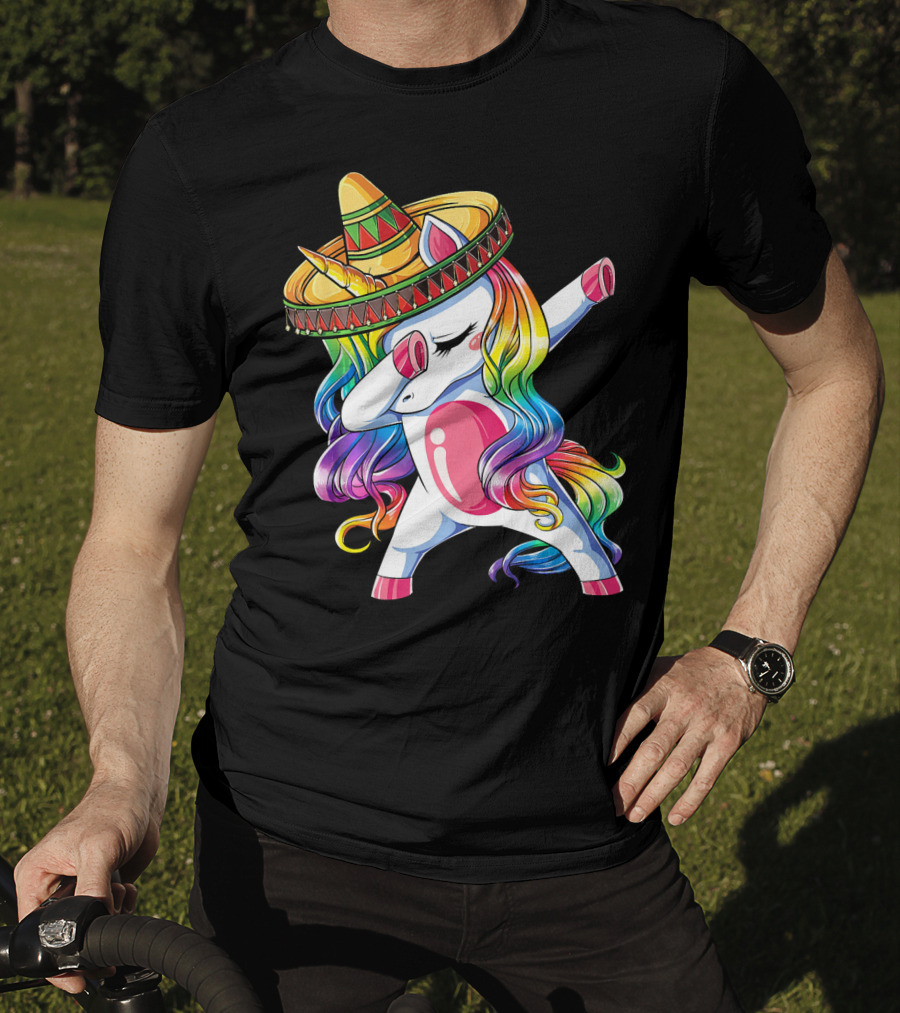 Dabbing Rainbow Unicorn With Sombrero Funny Cinco De Mayo T-Shirt
