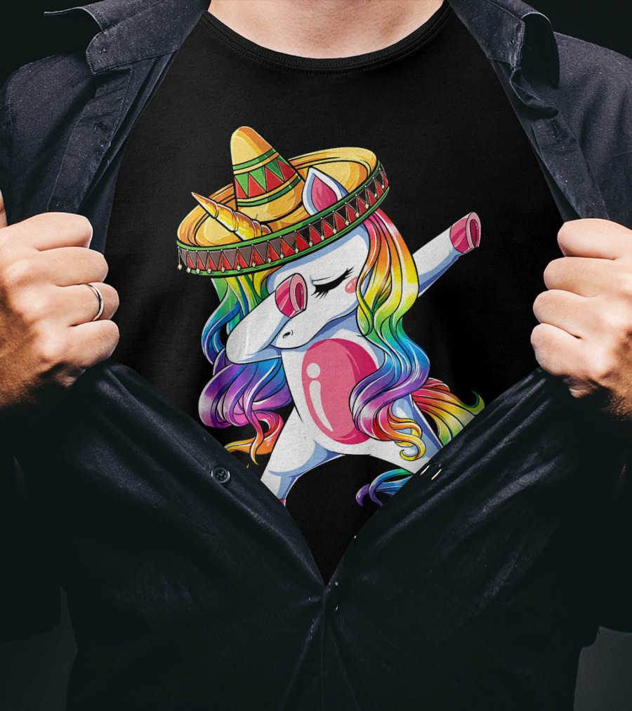 Dabbing Rainbow Unicorn With Sombrero Funny Cinco De Mayo T-Shirt