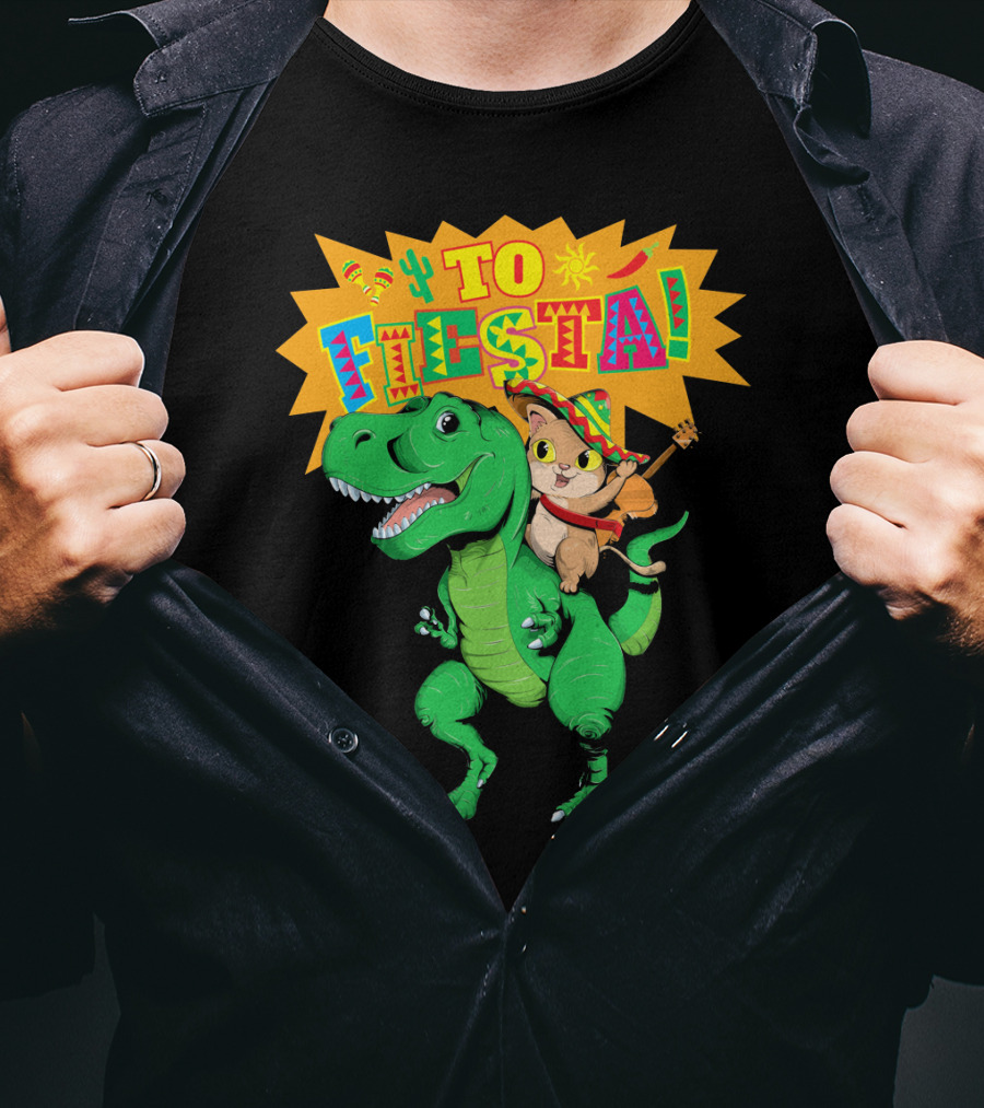Cinco De Mayo Fiesta Cat Riding Dinosaur T-Shirt