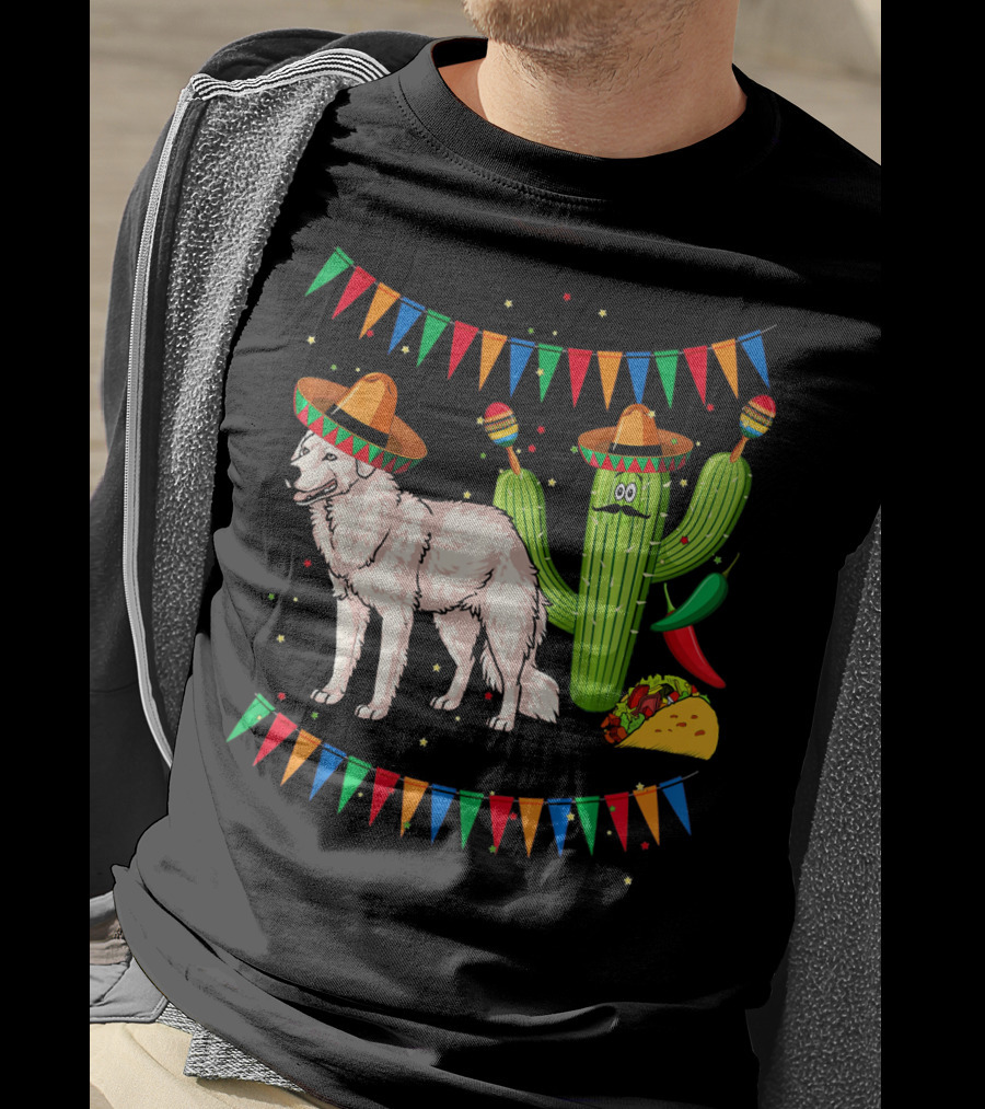 Sombrero Kuvasz Dog Mexican Fiesta With Cactus And Taco Cinco De Mayo T-Shirt