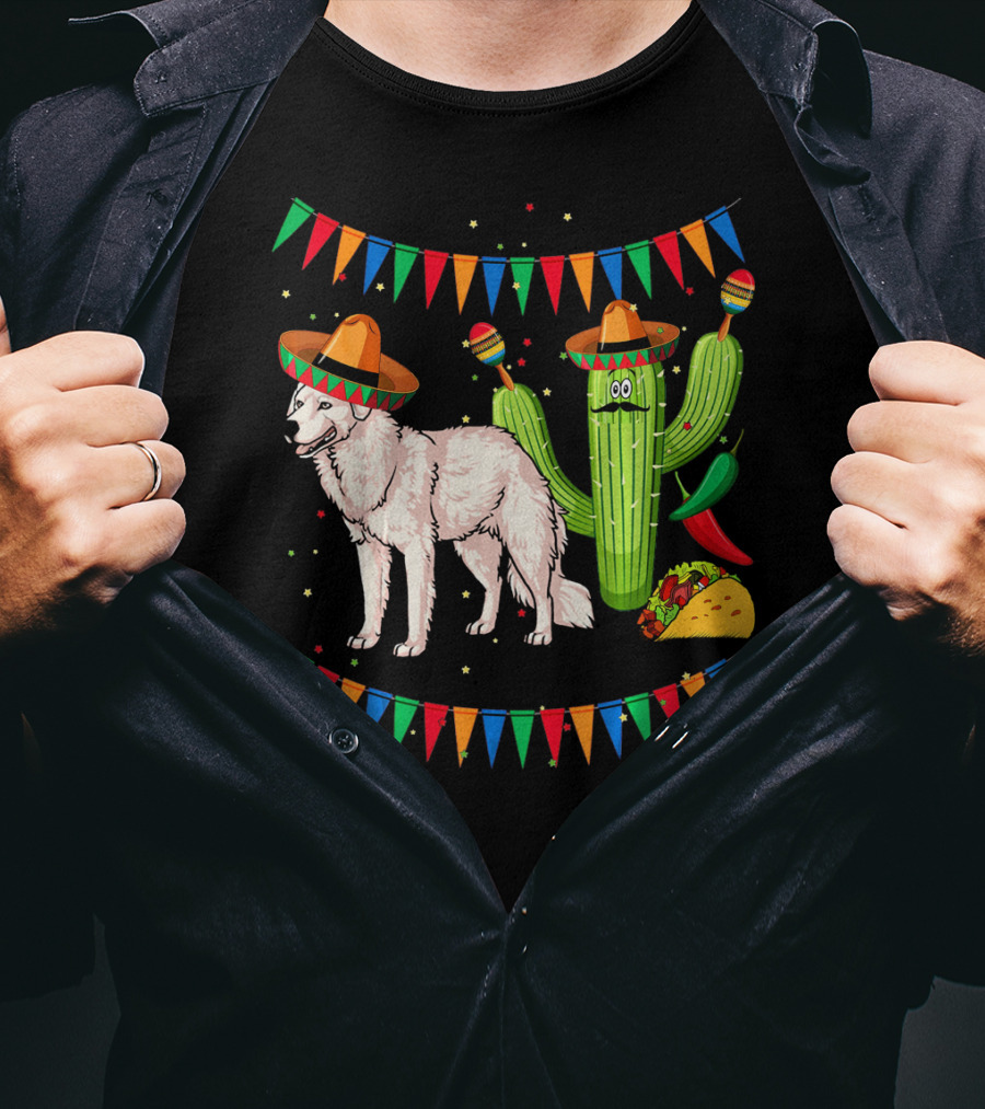 Sombrero Kuvasz Dog Mexican Fiesta With Cactus And Taco Cinco De Mayo T-Shirt