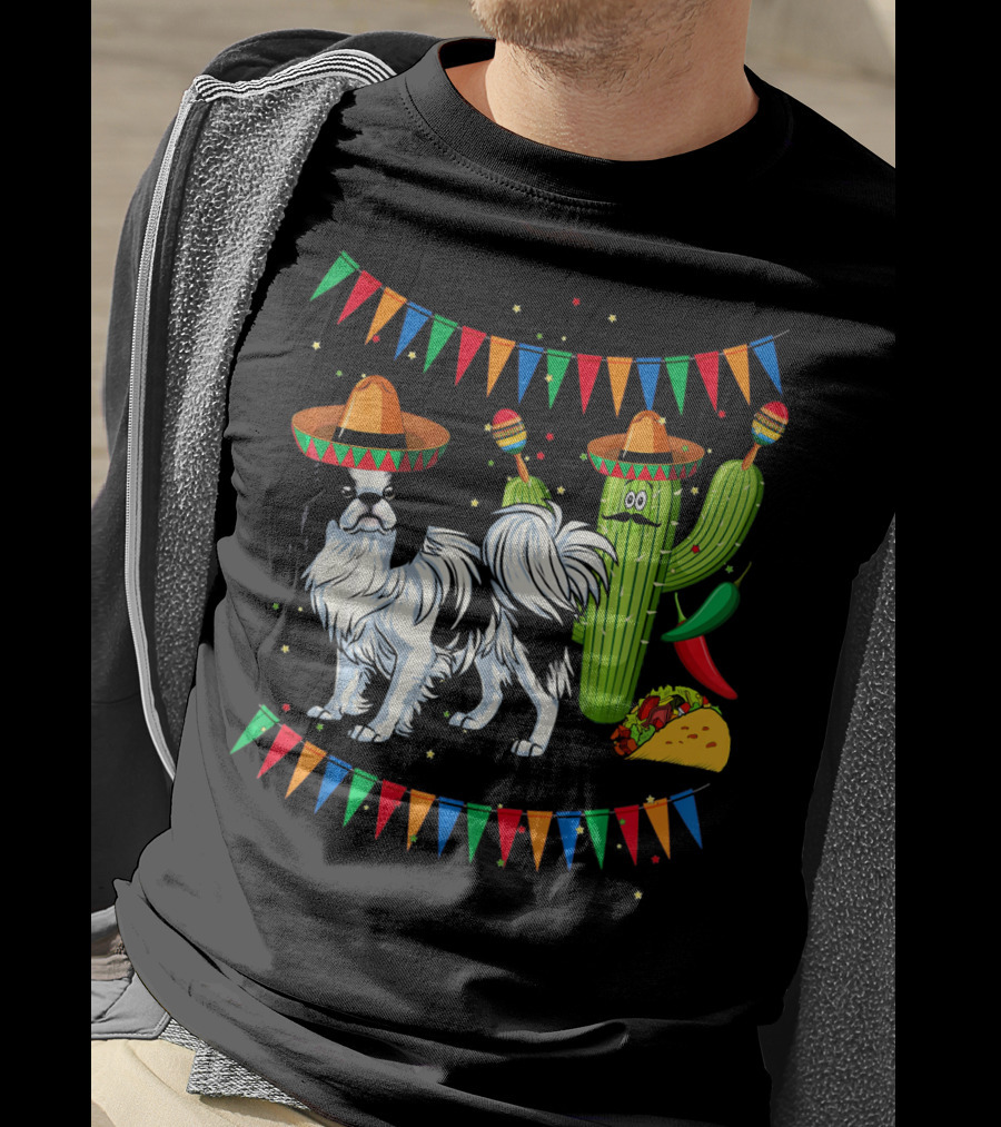 Sombrero Japanese Chin Dog With Cactus And Taco Celebration Mexico Cinco T-Shirt