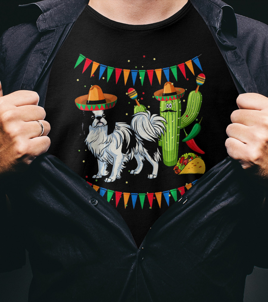 Sombrero Japanese Chin Dog With Cactus And Taco Celebration Mexico Cinco T-Shirt