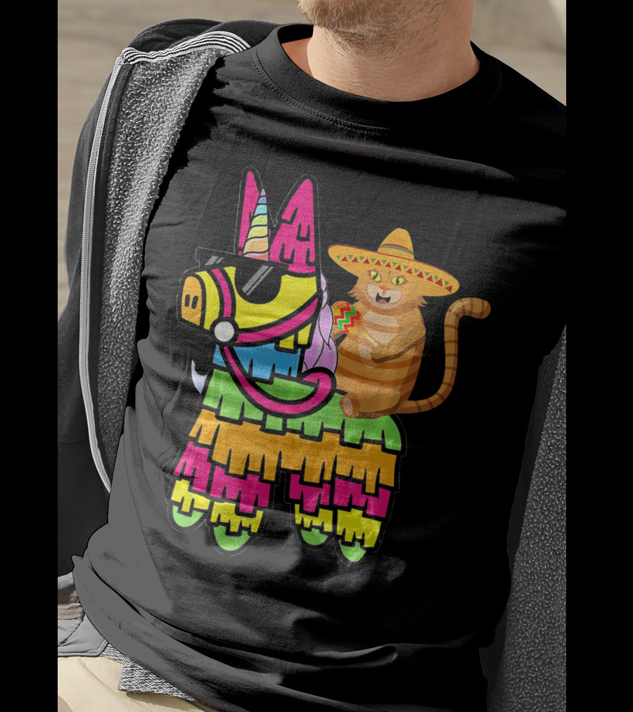 Cinco De Mayo Sombrero Cat On Colorful Pinata With Unicorn And Sunglasses T-Shirt