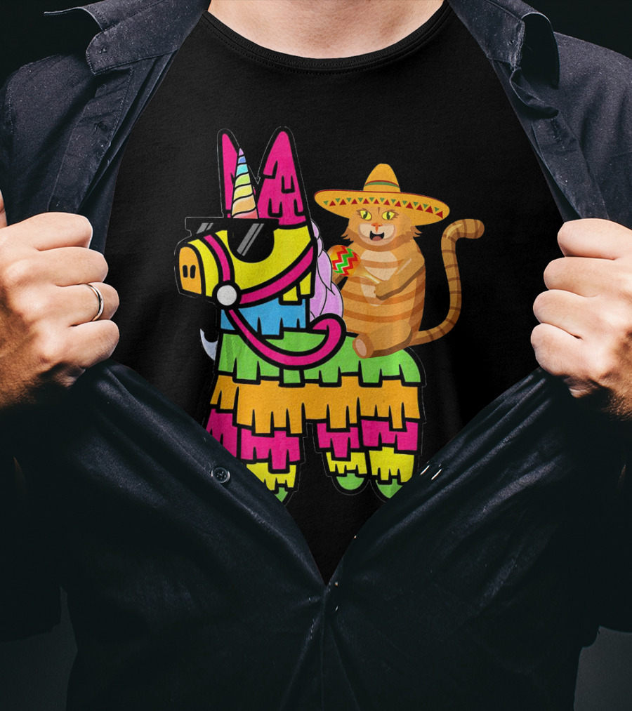 Cinco De Mayo Sombrero Cat On Colorful Pinata With Unicorn And Sunglasses T-Shirt