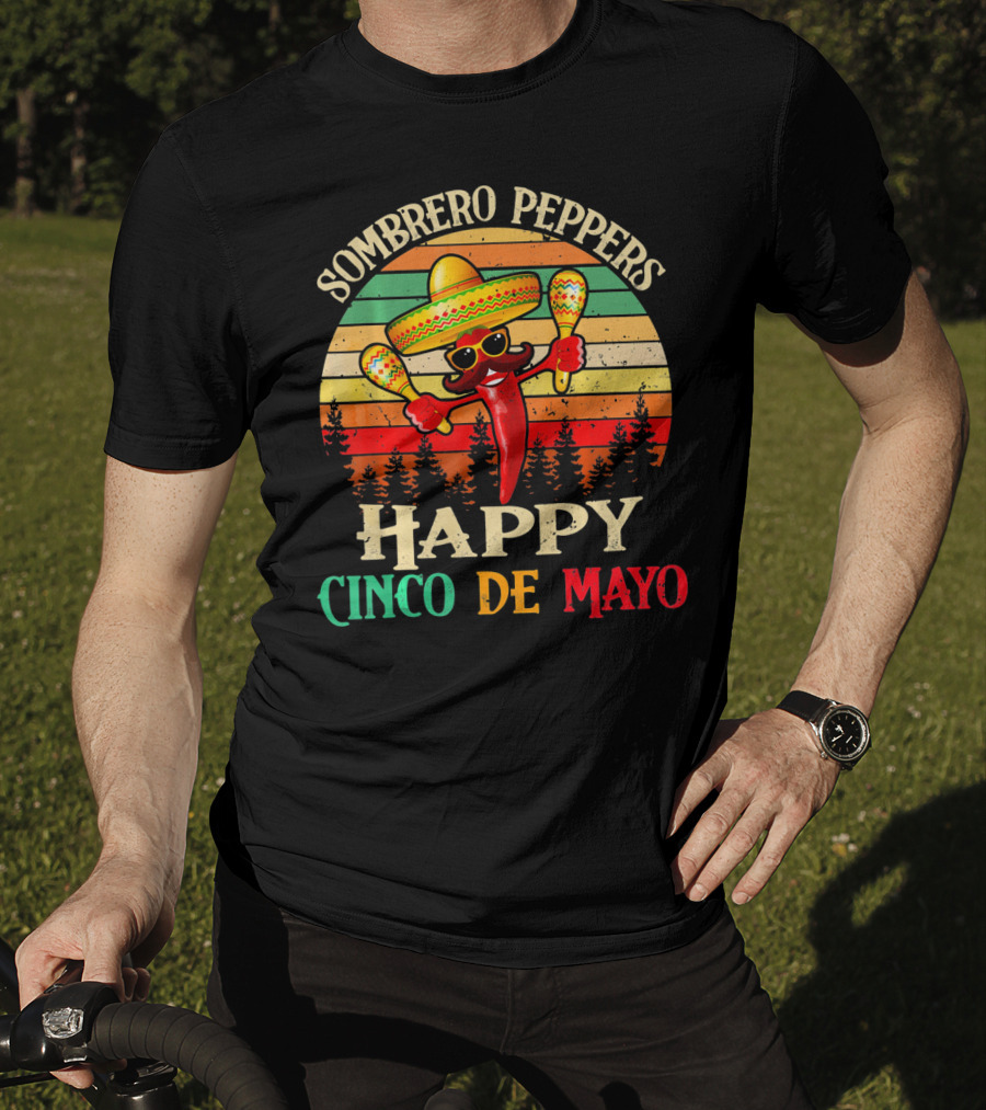 Sombrero Peppers Happy Cinco De Mayo Vintage Sunset T-Shirt