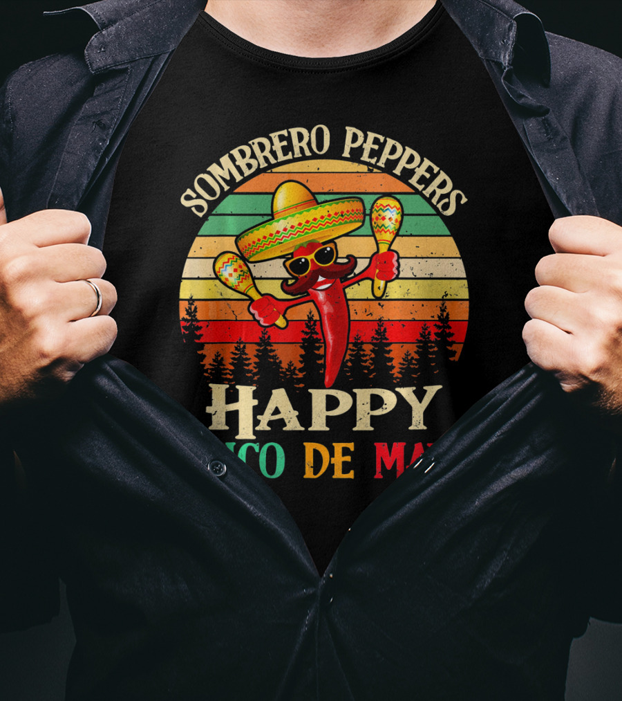 Sombrero Peppers Happy Cinco De Mayo Vintage Sunset T-Shirt