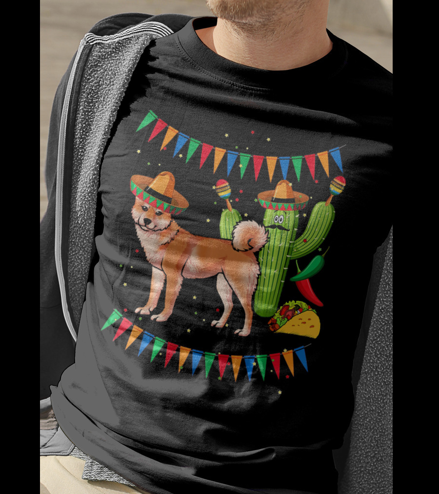 Sombrero Shiba Inu Dog Mexico Cinco De Mayo Celebration With Cactus And Taco T-Shirt
