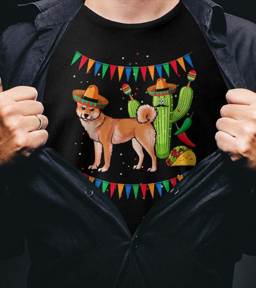 Sombrero Shiba Inu Dog Mexico Cinco De Mayo Celebration With Cactus And Taco T-Shirt
