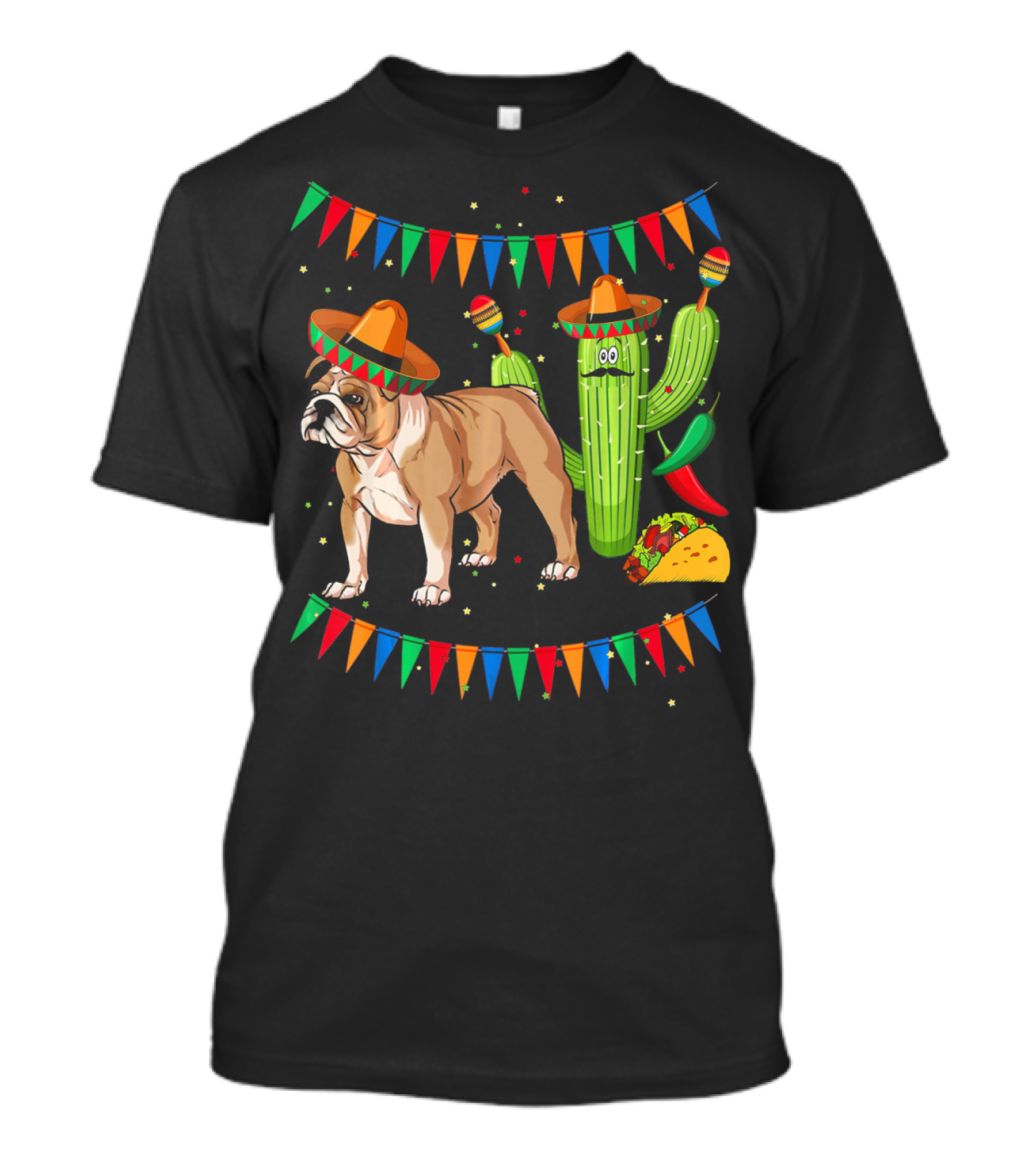 Sombrero English Bulldog Dog Mexico Cactus Taco Fiesta Flags T-Shirt