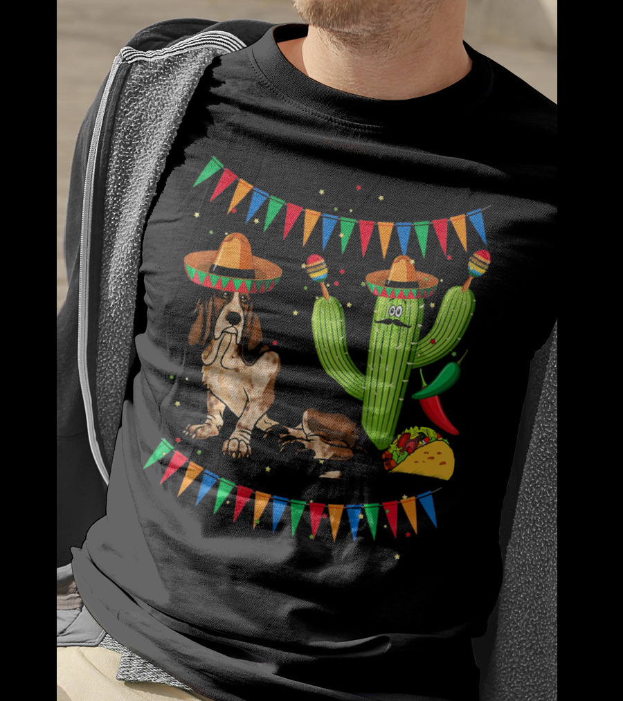 Sombrero Basset Hound Dog Mexico Cinco Cactus Taco Fiesta Decor T-Shirt