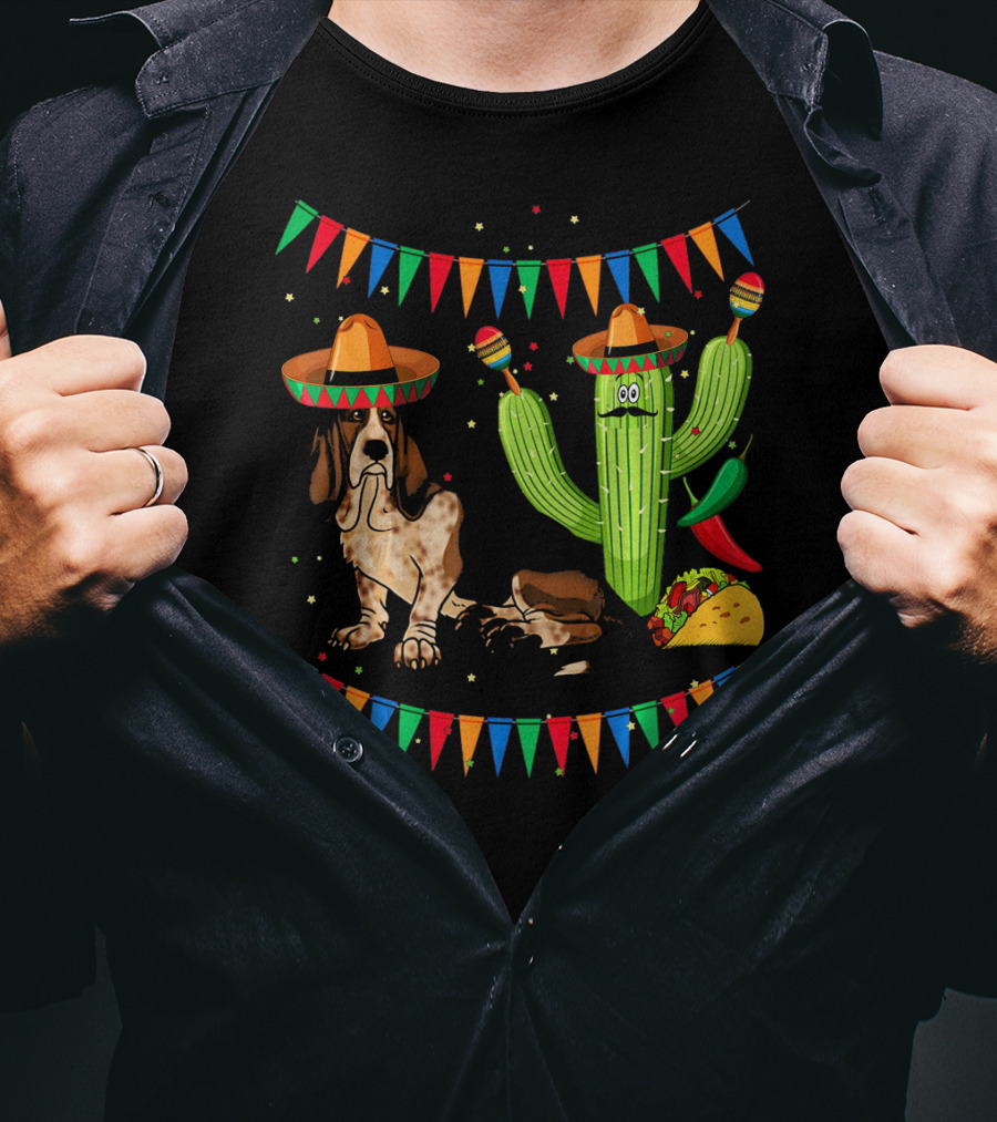 Sombrero Basset Hound Dog Mexico Cinco Cactus Taco Fiesta Decor T-Shirt