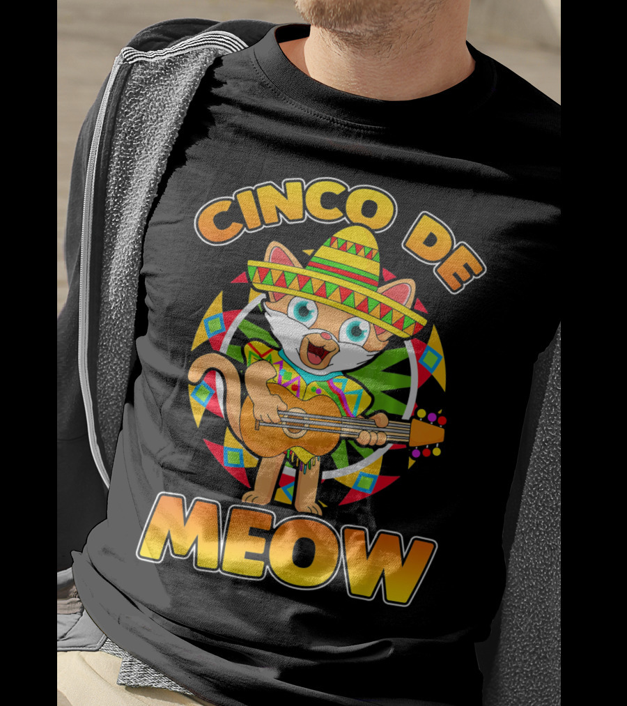 Cinco De Meow Mexican Sombrero Cat Playing Guitar T-Shirt