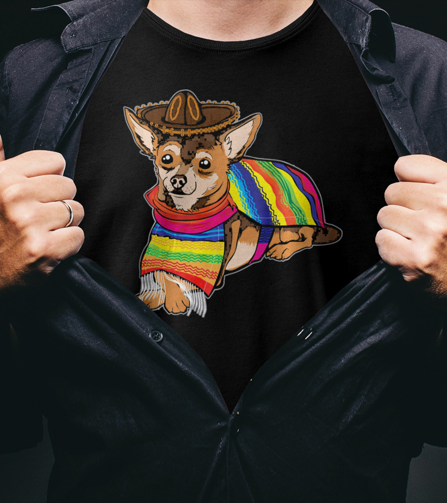 Cute Dog Chihuahua Chiweenie Mexico Sombrero Rainbow Poncho Cinc T-Shirt