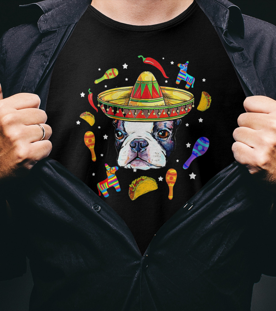 Cinco De Mayo Boston Terrier Sombrero Taco Fiesta T-Shirt