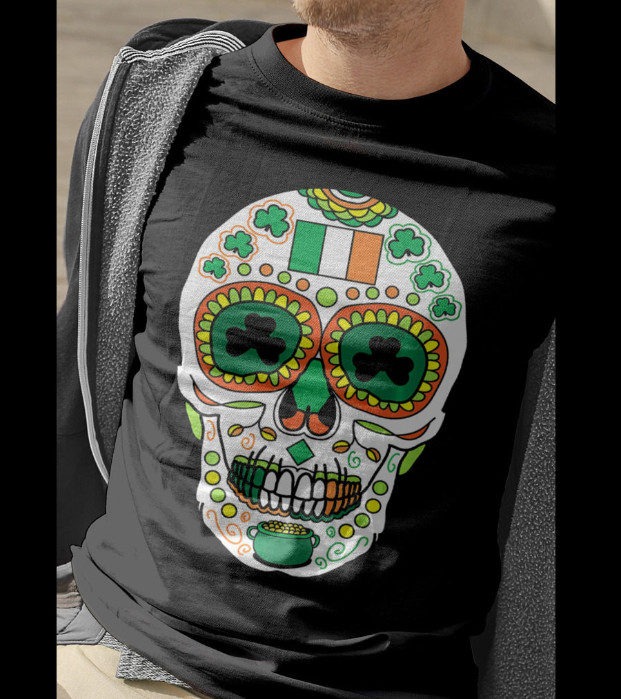 St Paddys Day Irish Flag Shamrock Sugar Skull Cinco De T-Shirt