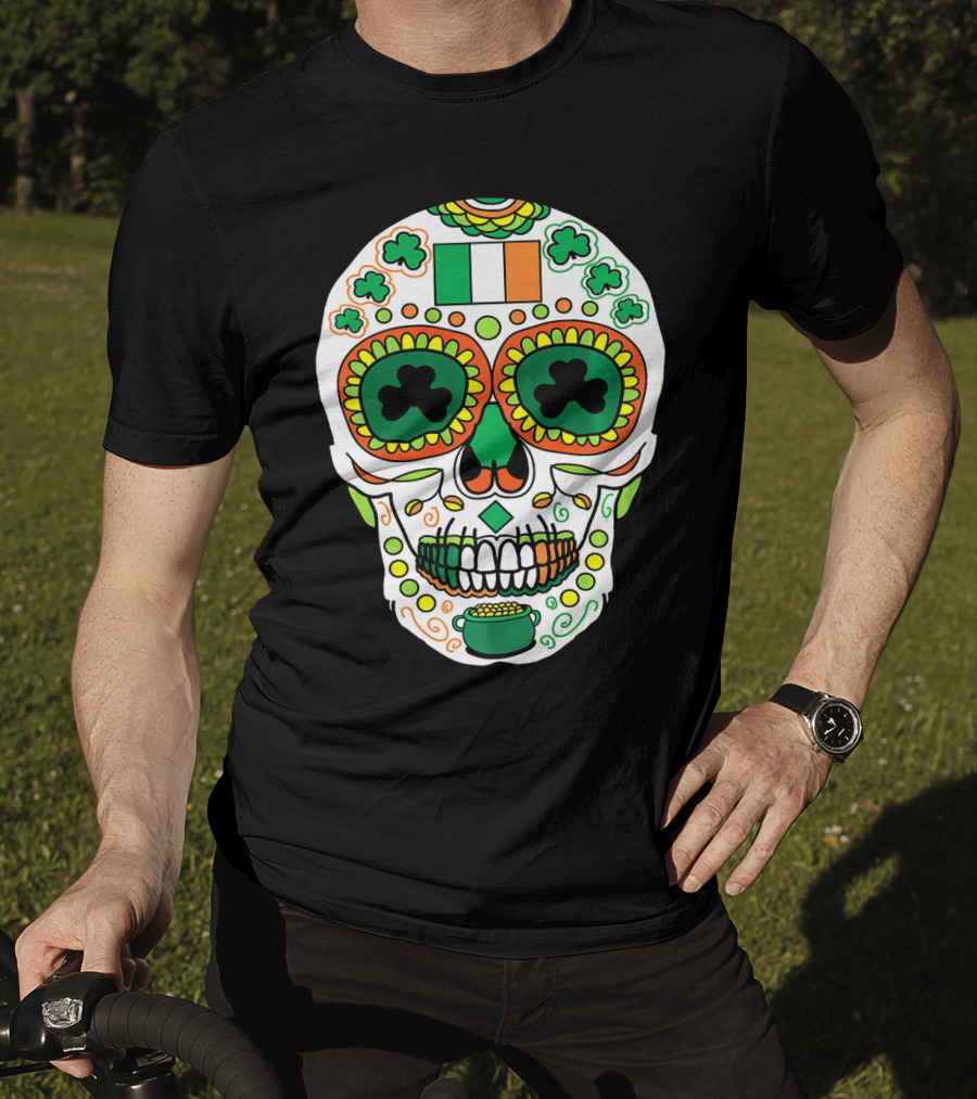 St Paddys Day Irish Flag Shamrock Sugar Skull Cinco De T-Shirt