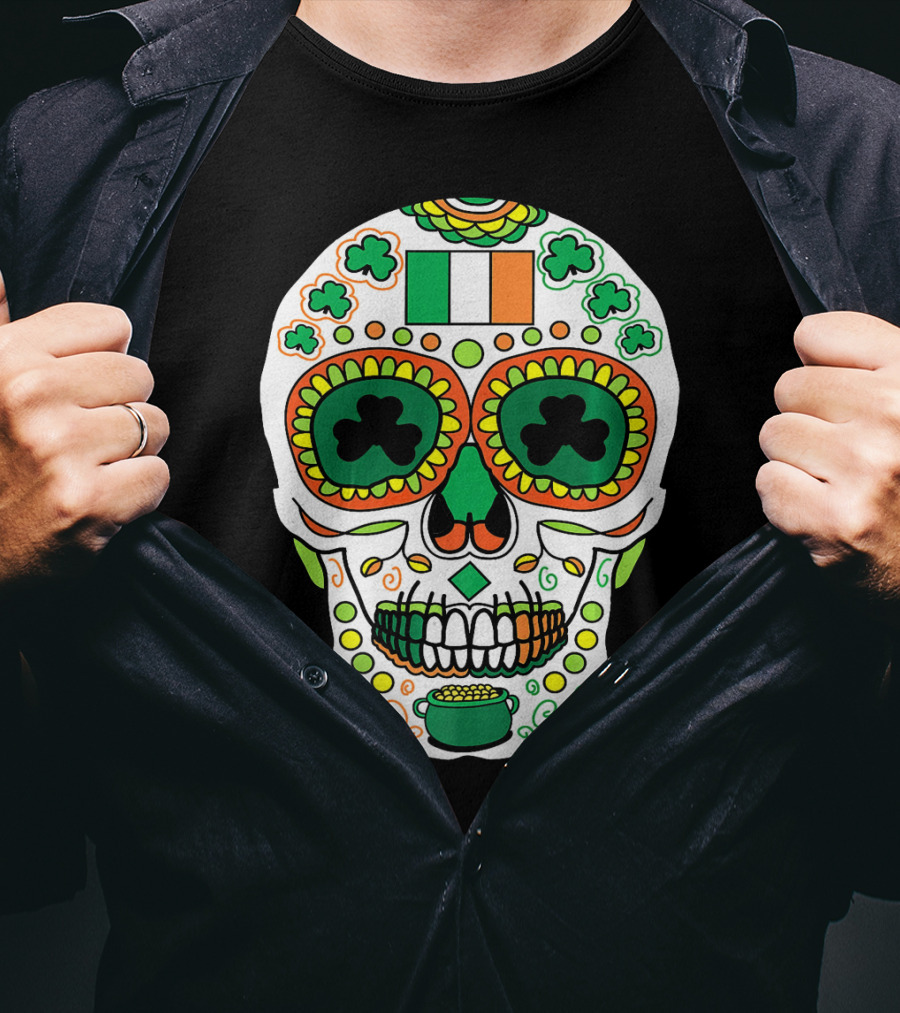 St Paddys Day Irish Flag Shamrock Sugar Skull Cinco De T-Shirt