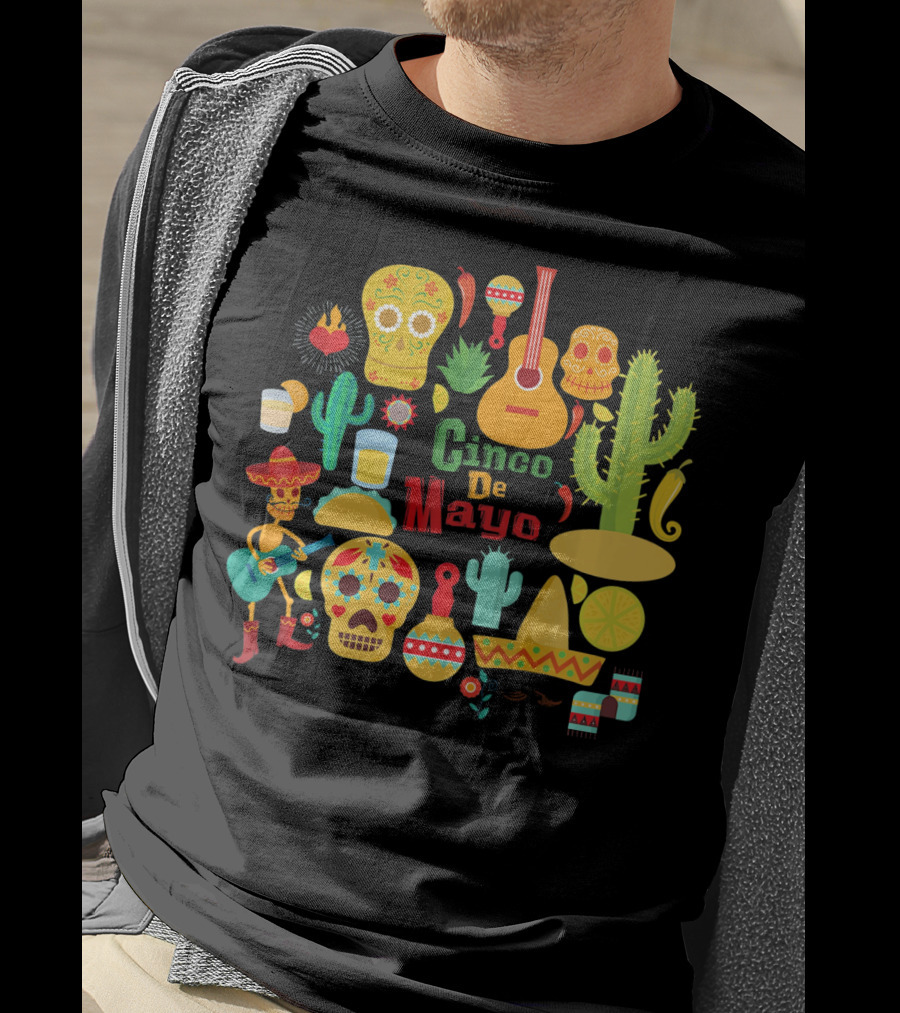 Cinco De Mayo Cactus Skull Sombrero Guitar Festivity T-Shirt